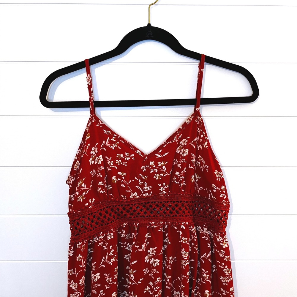 Womens Red Floral Print Mini Dress Spaghetti Straps Crochet Summer Sundress L - Picture 3 of 12